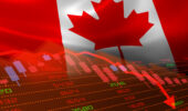 Canada economic downturn with stock exchange market showing stock chart down and in red negative territory. Business and financial money market crisis concept.