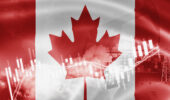 Canada flag, stock market, exchange economy and Trade, oil production, container ship in export and import business and logistics